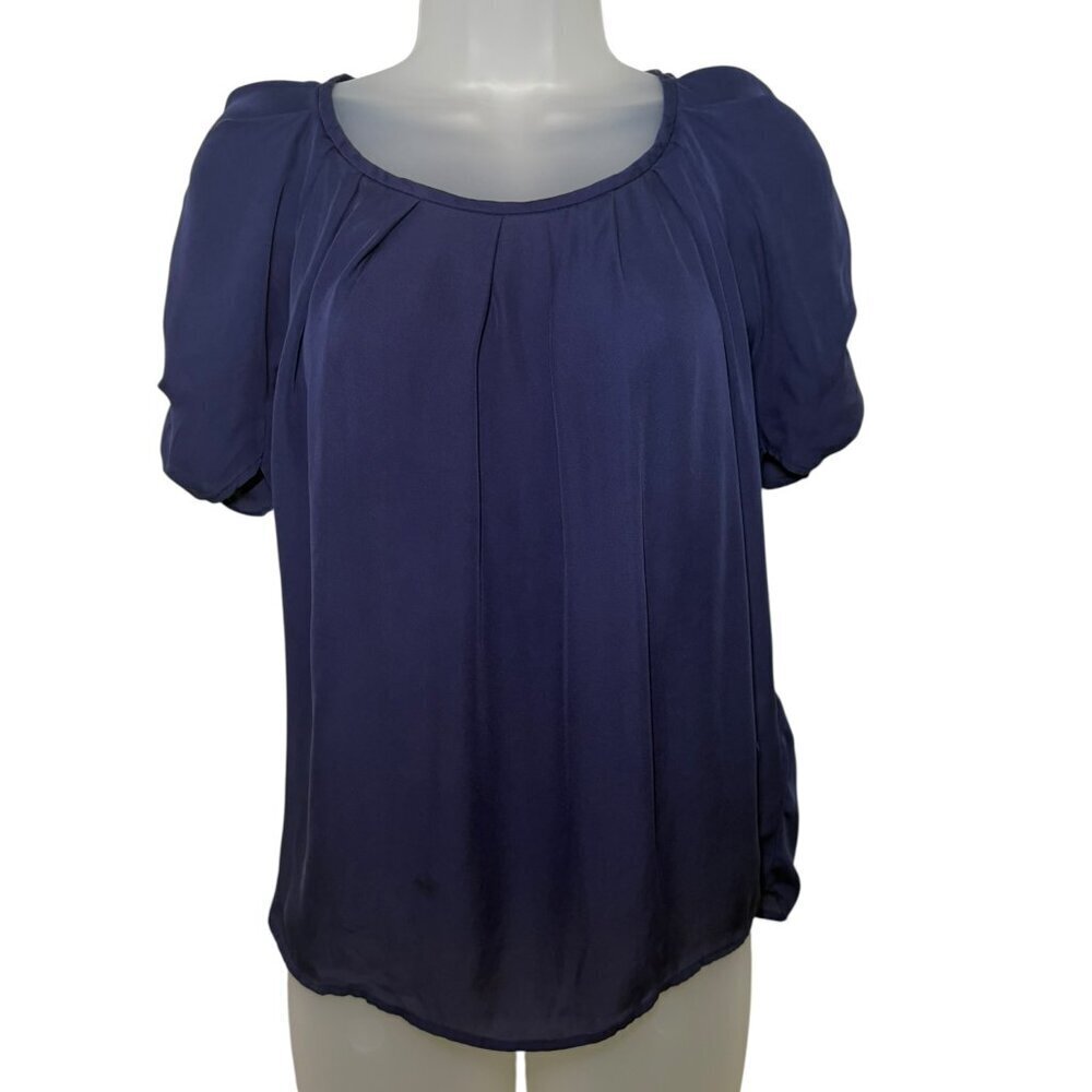 Joie Navy 100% Silk Puff Sleeve Gathered Blouse XS - Picture 2 of 5